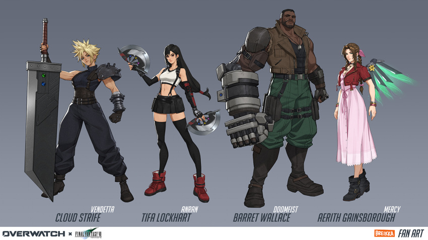 1boy, 3girls, aerith_gainsborough, aerith_gainsborough_(cosplay), anran_(overwatch), arm_cannon, armor, artist_name