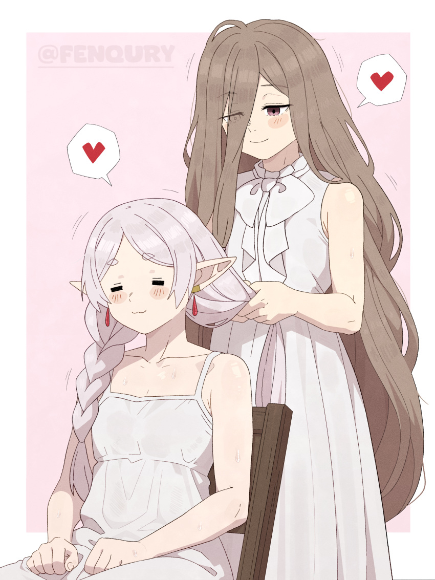 2girls, absurdres, bare_shoulders, blush, border, braid, braiding_another's_hair, brown_eyes