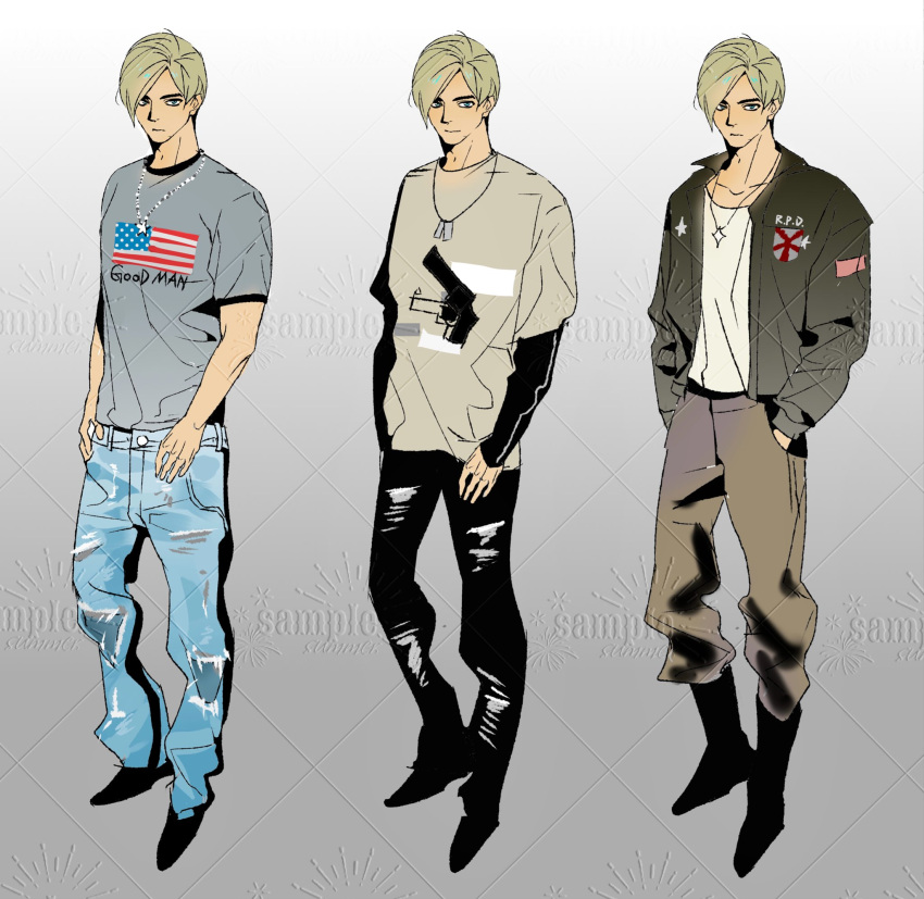1boy, alternate_costume, artist_request, baggy_pants, blonde_hair, blue_eyes, boots, commission