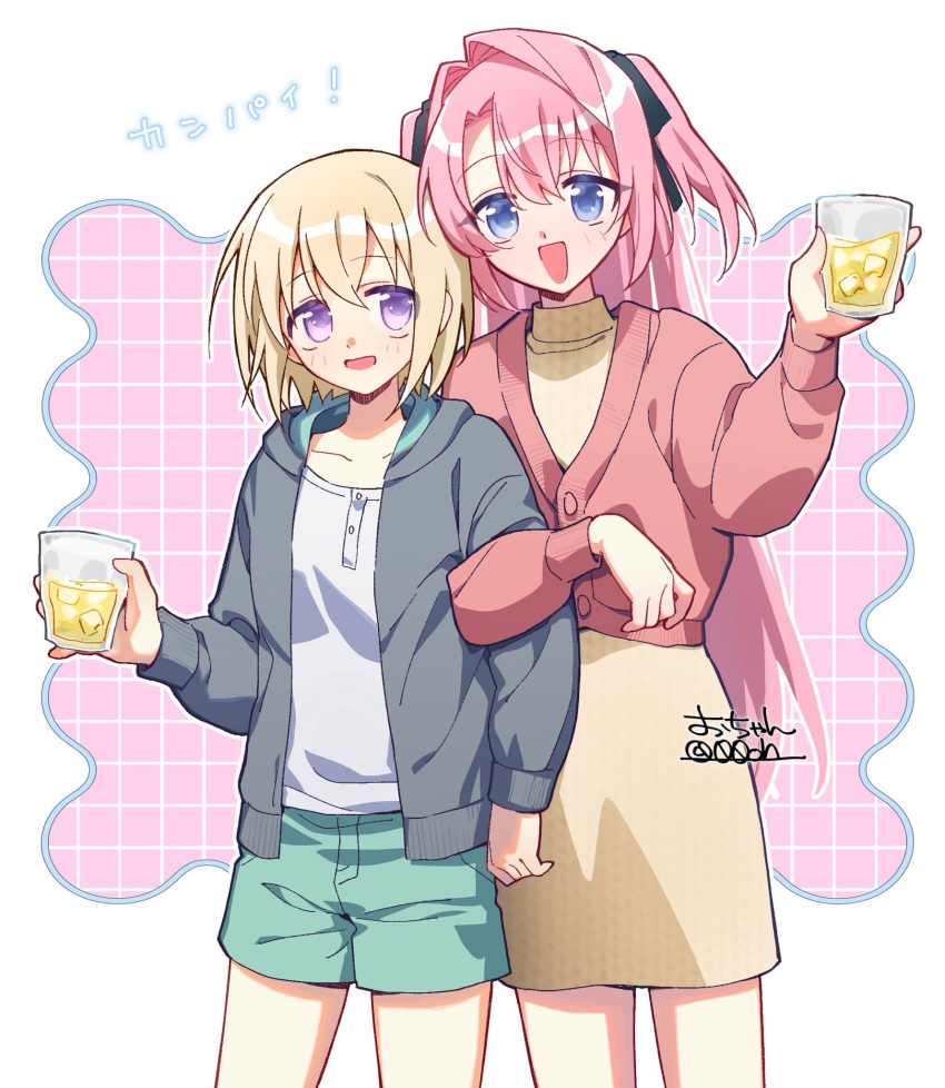 2girls, alcohol, black_ribbon, blue_eyes, blush, brown_hair, cowboy_shot, cup