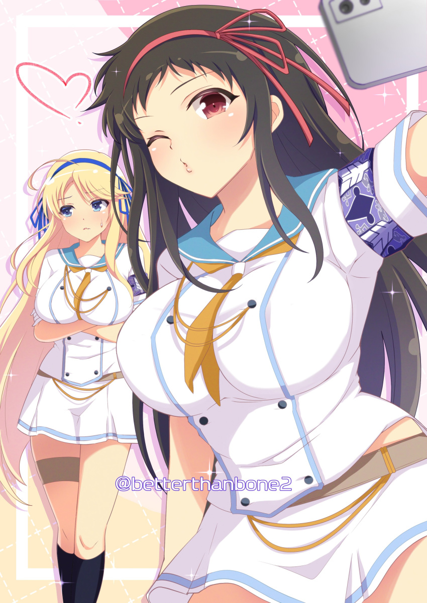 2girls, absurdres, arms_under_breasts, ayame_(senran_kagura), betterthanbone2, blue_eyes, blue_hairband, blush