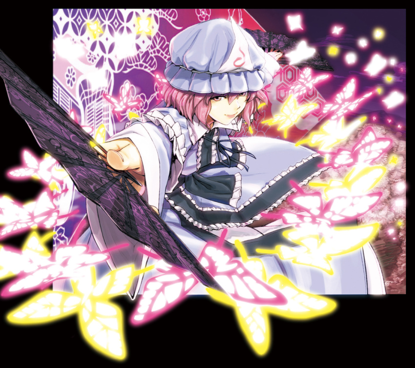 butterfly, danmaku, dual_wielding, face, fan, folding_fan, foreshortening, goshoguruma
