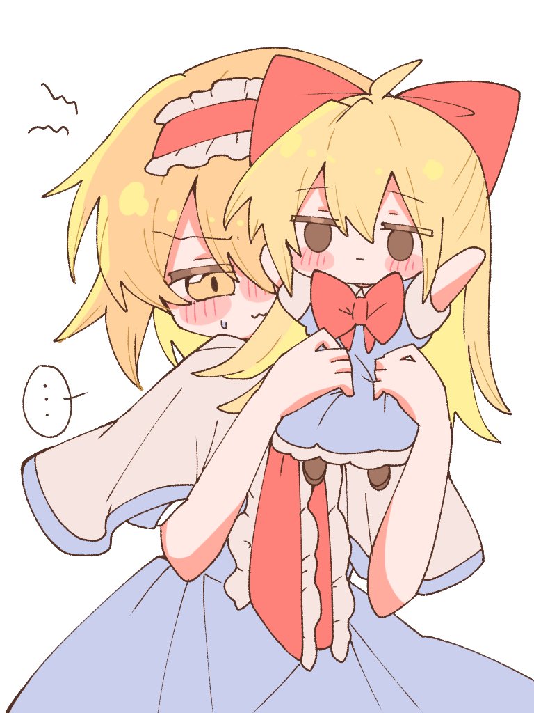 ..., 1girl, :3, alice_margatroid, arms_up, blonde_hair, blue_dress, blush