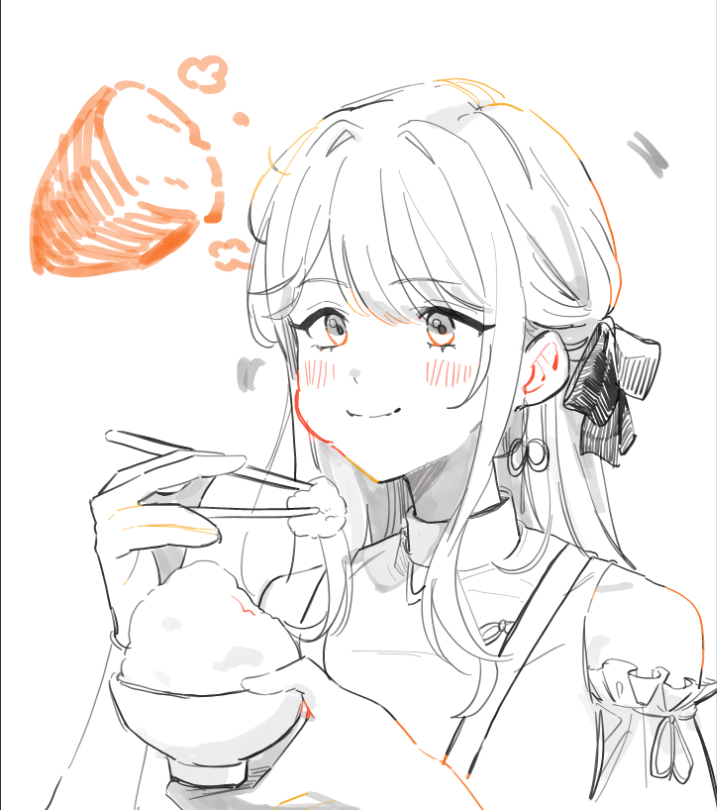 1girl, bare_shoulders, bow, bowl, commentary_request, earrings, eating, hair_bow