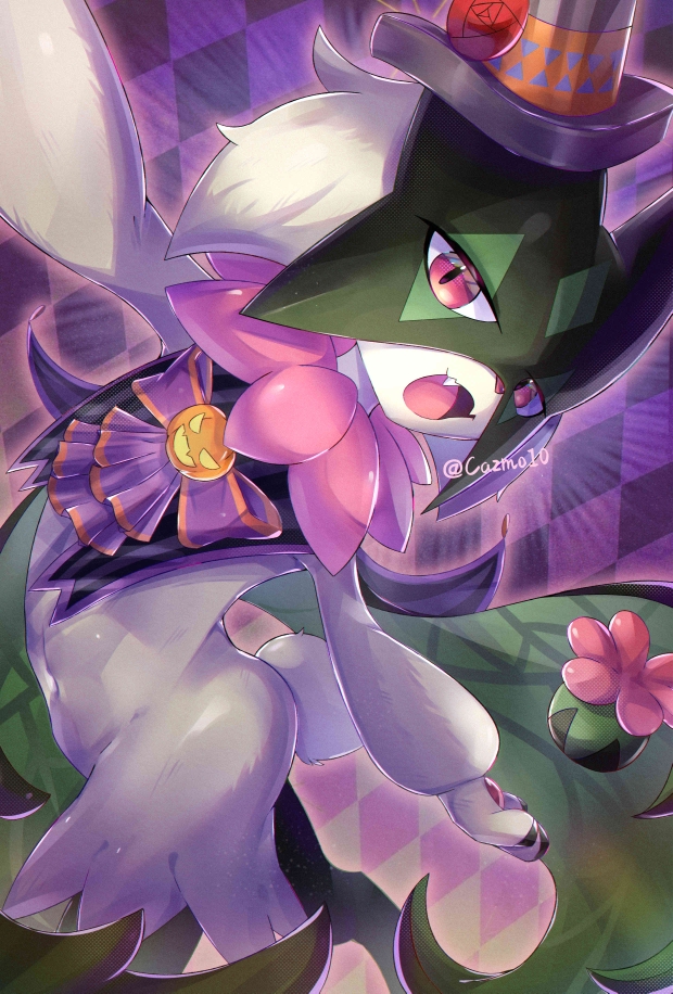 1other, cazmo, checkered_background, commentary_request, fangs, furry, long_hair, looking_at_viewer