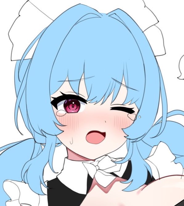 blue_hair, blush, breasts, commentary_request, large_breasts, maid, nikukue, one_eye_closed