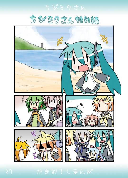 >_<, :<, akita_neru, beach, chibi, chibi_miku, comic, drill_hair