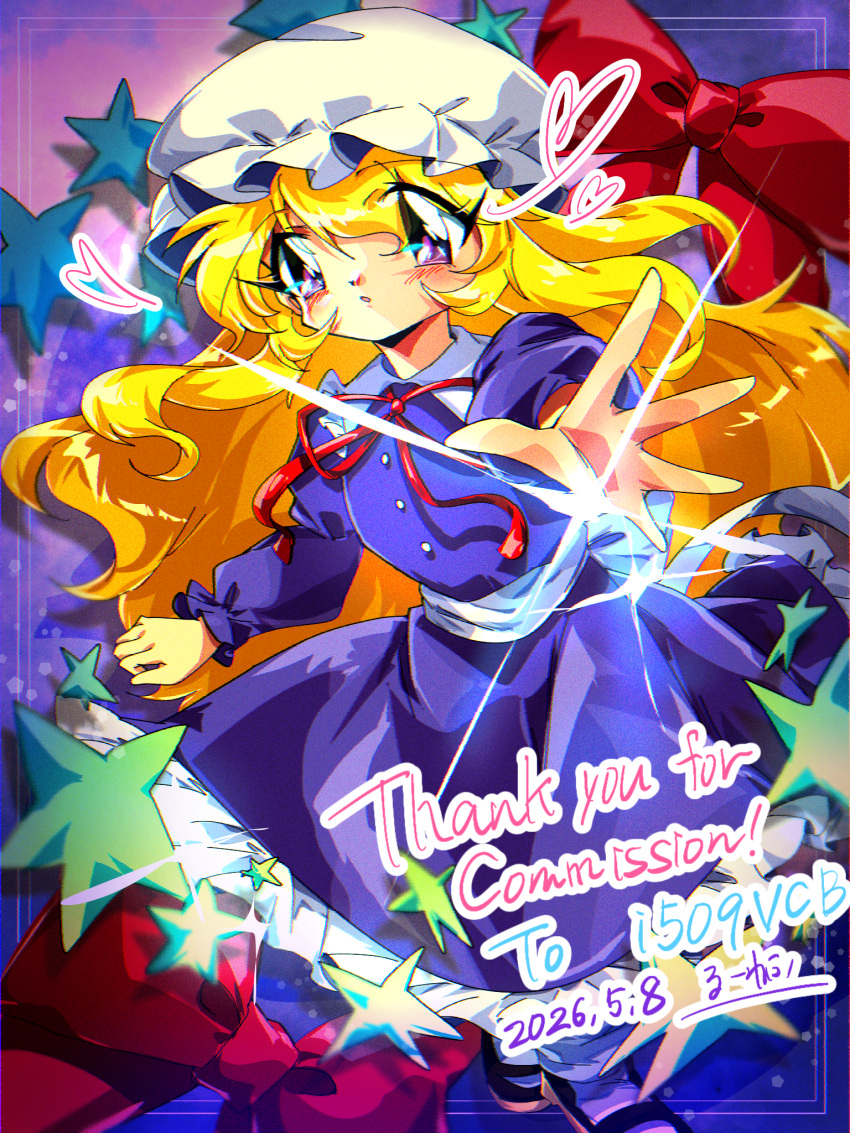 1girl, :o, back_bow, bilingual_commentary, black_shoes, blonde_hair, blue_background, blush