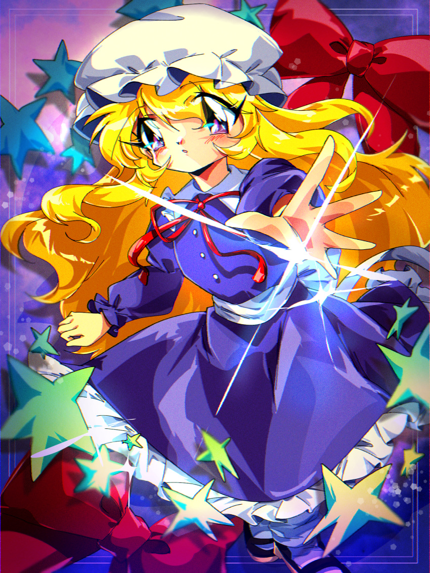 1girl, :o, back_bow, bilingual_commentary, black_shoes, blonde_hair, blue_background, blush