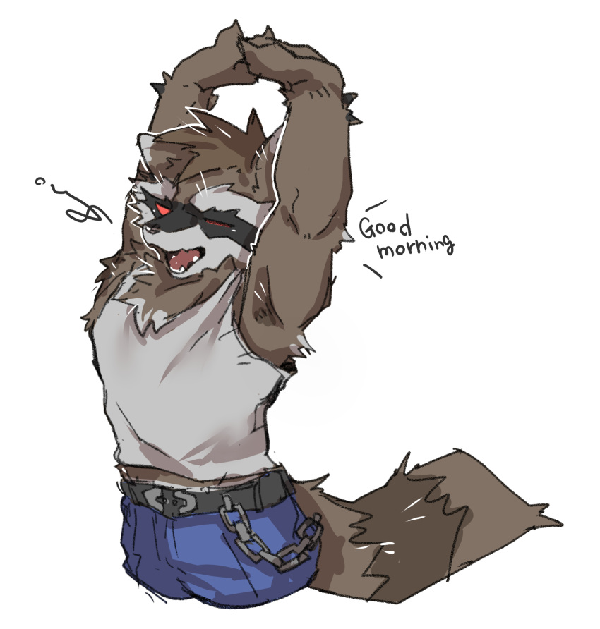 1boy, animal_ears, armpits, arms_up, blue_pants, claws, commentary, fangs
