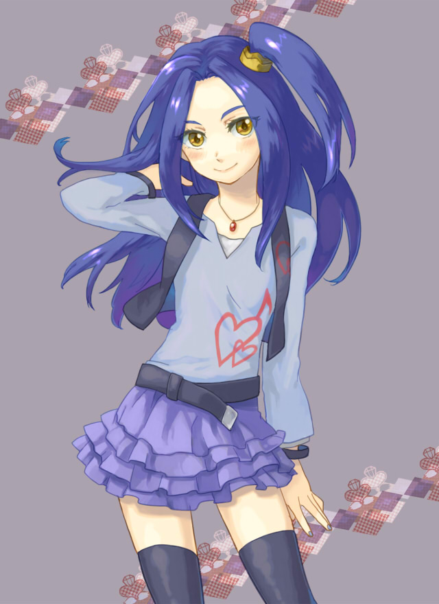 atsumu, belt, blush, blush_stickers, frills, grey_background, hair_ornament, heart, jewelry, kurokawa_ellen, long_hair, necklace, precure, purple_hair, side_ponytail, siren_(suite_precure), skirt, smile, solo, suite_precure, thigh-highs, thighhighs, vest, yellow_eyes