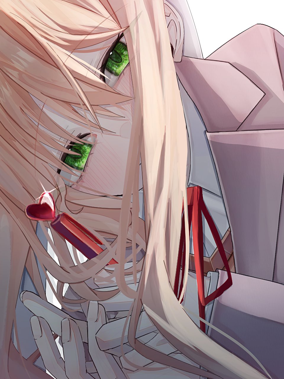1girl, 393_(rj9kjsr7od32618), blush, bow, bowtie, brown_hair, commentary, doki_doki_literature_club, green_eyes, hair_between_eyes, hair_over_mouth, head_tilt, highres, holding, holding_pen, looking_at_viewer, monika_(doki_doki_literature_club), open_clothes, pen, portrait, simple_background, solo, sparkle, white_background