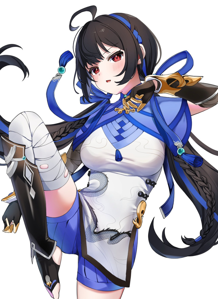 arm_guards, bandages, black_hair, chinese_clothes, commentary_request, french_braided_twintails, highres, long_hair, low_twintails, nikukue, red_eyes, shin_guards, starward, twintails, xiaoling_(starward)