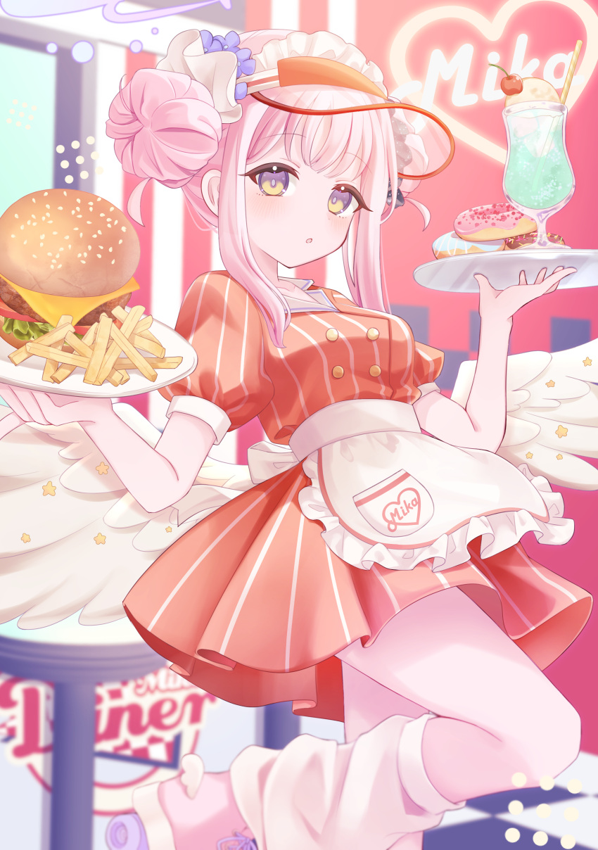 1girl, :o, absurdres, alternate_costume, americana, apron, back_bow, bar_stool, black_scrunchie, blue_archive, bow, burger, buttons, character_name, cherry, clothes_writing, commentary, diner, double-breasted, double_bun, doughnut, dress, food, french_fries, frilled_apron, frills, fruit, hair_bun, hair_ornament, hair_scrunchie, highres, holding, holding_plate, leg_up, leg_warmers, long_hair, looking_at_viewer, low_wings, melon_soda, mika_(blue_archive), multicolored_eyes, neon_sign, nifuji, pink_hair, pink_shoes, plate, puffy_short_sleeves, puffy_sleeves, red_dress, roller_skates, scrunchie, shoes, short_sleeves, sidelocks, skates, solo, standing, standing_on_one_leg, stool, striped_clothes, striped_dress, two-tone_eyes, vertical-striped_clothes, vertical-striped_dress, violet_eyes, visor_cap, waist_apron, waitress, white_apron, white_bow, white_leg_warmers, white_wings, wing_ornament, winged_shoes, wings, yellow_eyes