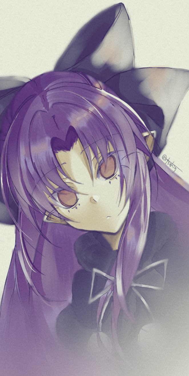 1girl, artist_name, black_bow, bow, brown_eyes, closed_mouth, curtained_hair, hair_bow