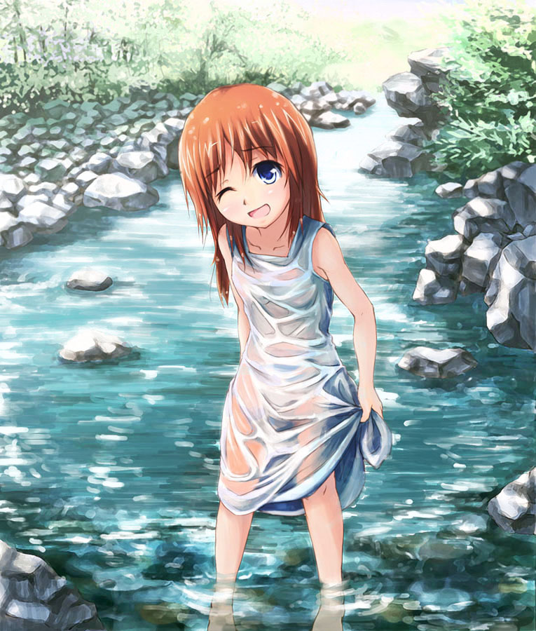 1girl, ;d, barefoot, beidan, blue_eyes, creek, dress, long_hair