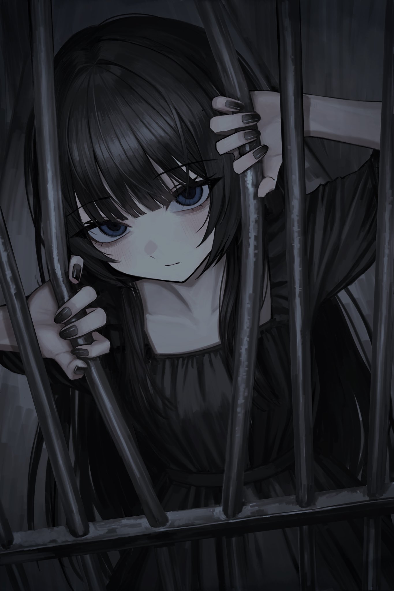 1girl, bags_under_eyes, behind_bars, black_dress, black_hair, black_nails, blue_eyes, dress