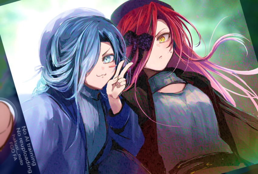 2girls, :3, above-cleavage_cutout, belt, beret, black_belt, black_hat, black_jacket