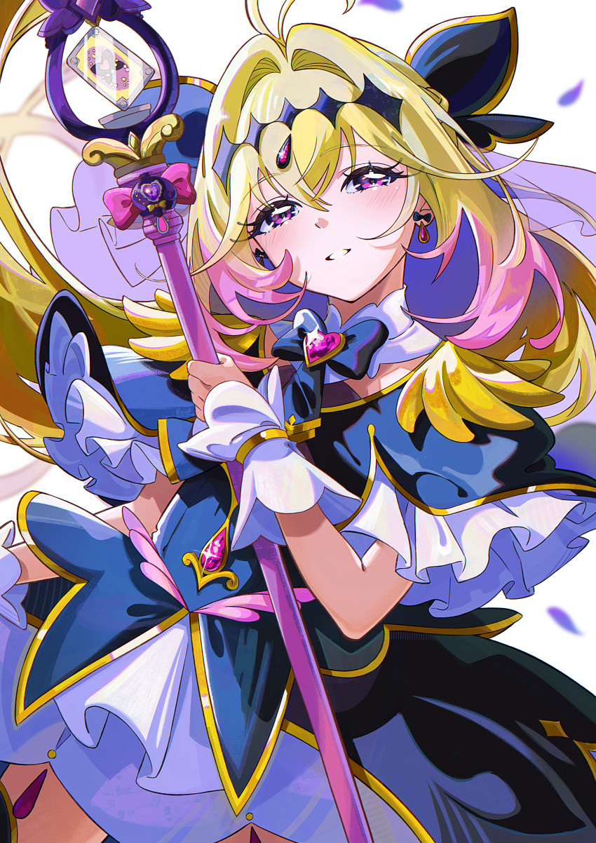 1girl, absurdres, black_bow, blonde_hair, blush, bow, capelet, card