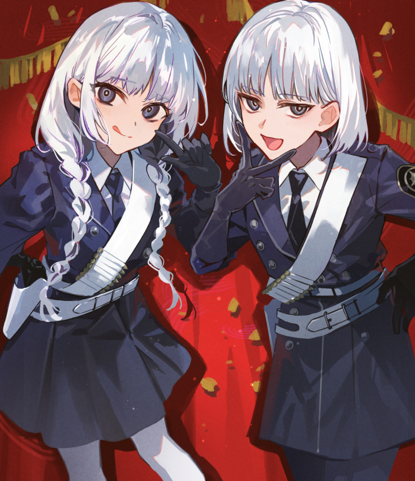 1boy, 1girl, belt, black_eyes, black_gloves, black_jacket, black_skirt, blush