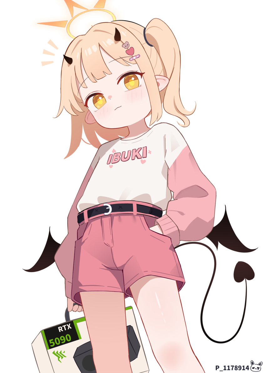 1girl, arms_at_sides, artist_name, belt, black_belt, black_horns, black_wings, blonde_hair