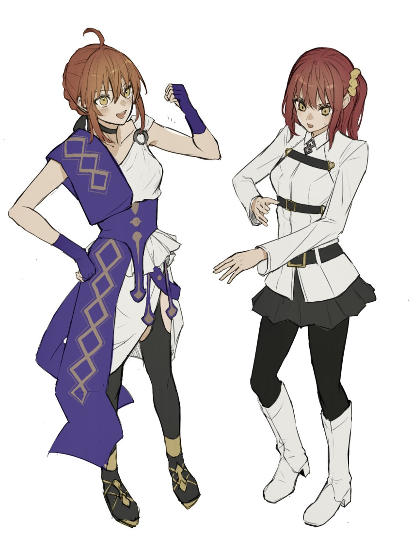 2girls, ahoge, belt, black_belt, blue_gloves, boots, choker, commentary_request