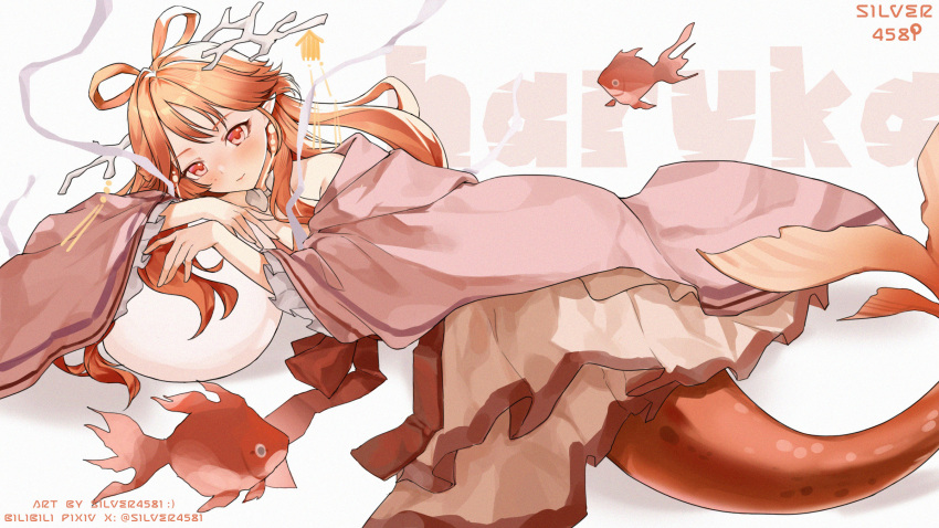 1girl, arknights, artist_name, bare_shoulders, blush, brown_dress, character_name, closed_mouth