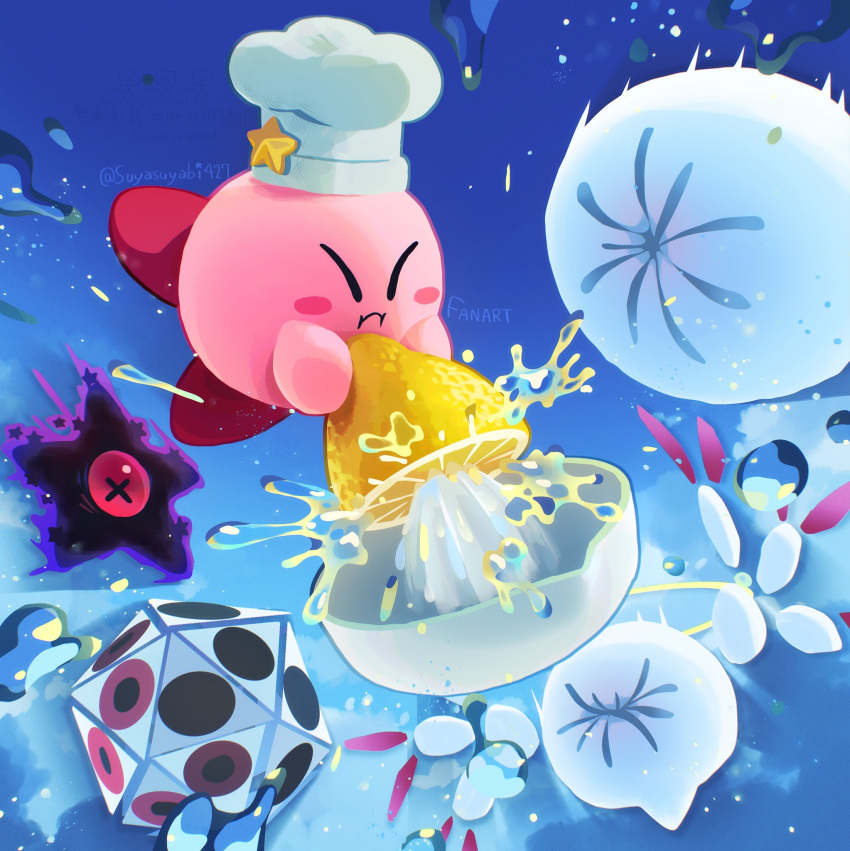 :i, blue_background, blush_stickers, chef_hat, closed_eyes, cook_kirby, dark_nebula, extra_eyes, food, fruit, halo, hat, hat_ornament, highres, holding, holding_food, holding_fruit, juice, kirby, kirby_(series), lemon, meme, miracle_matter, no_humans, one-eyed, pink_eyes, puckered_face, star_(symbol), star_hat_ornament, suyasuyabi, symbol-shaped_pupils, thour_(meme), twitter_username, wings, x-shaped_pupils, x_x, zero_(kirby), zero_two_(kirby)