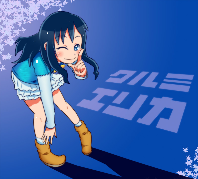 1girl, blue_hair, blush, blush_stickers, character_name, frills, hand_on_face, hand_on_own_face