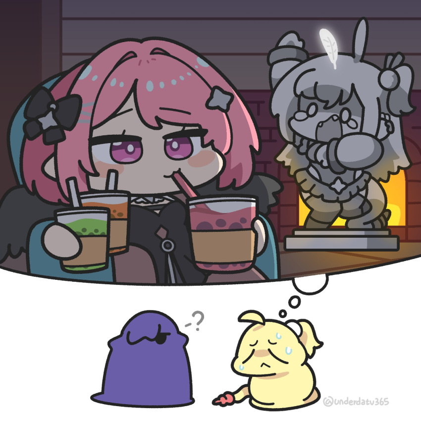 3girls, ?, animalization, black_bow, black_dress, black_wings, bow, bubble_tea, chibi, cissia_(zenless_zone_zero), closed_eyes, closed_mouth, commentary, cup, disposable_cup, dress, drinking, drinking_straw, english_commentary, feathers, fireplace, hair_bow, highres, holding, holding_cup, multiple_girls, pink_eyes, pink_hair, pointy_ears, promeia_(zenless_zone_zero), remielle_dan, sitting, snake_girl, snake_tail, statue, sweat, tail, underdatv, white_feathers, wings, yellow_snake, zenless_zone_zero