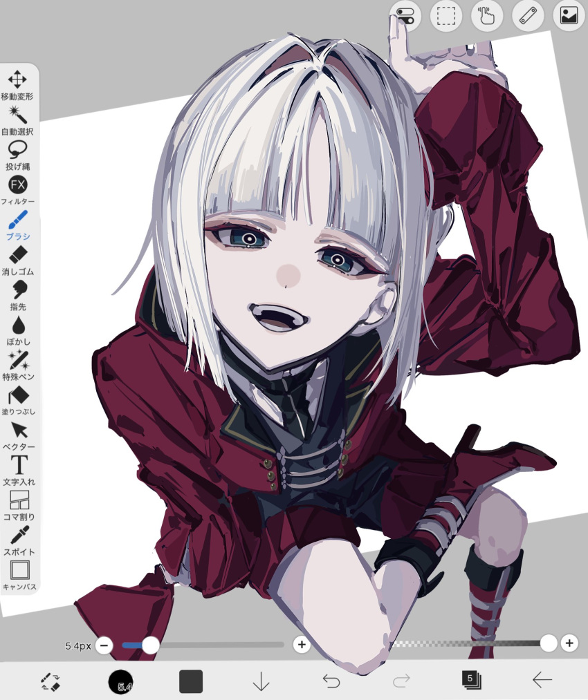 25_000o, ankle_boots, art_program_in_frame, black_eyes, blunt_bangs, boots, crossed_legs, fate/grand_order
