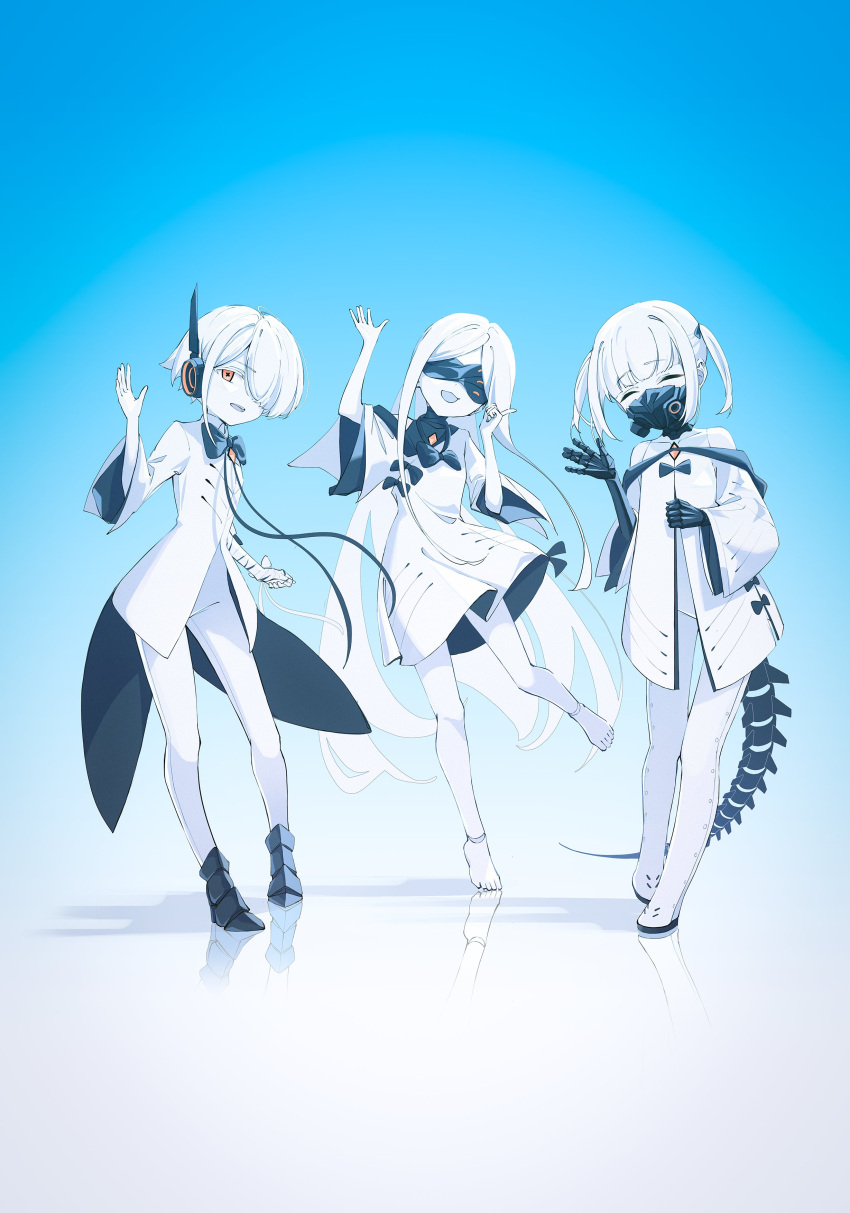 3girls, absurdres, black_mask, black_tail, blindfold, blue_archive, colored_skin, covered_eyes