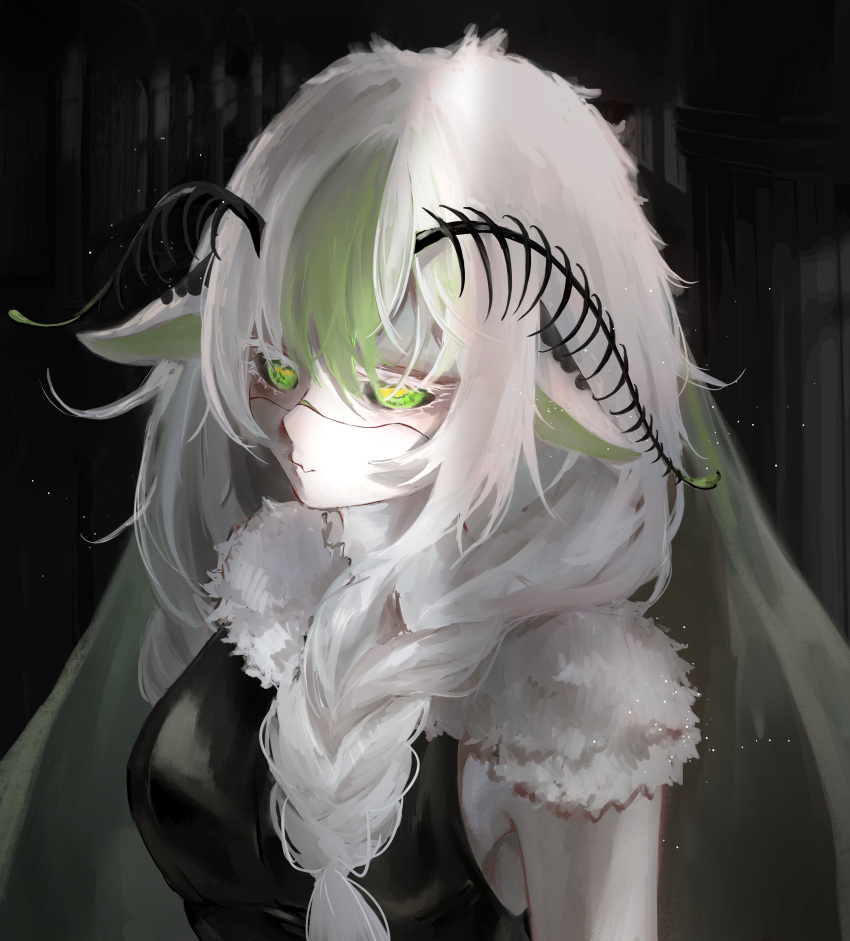 1girl, absurdres, antennae, arthropod_girl, black_background, black_leotard, black_sclera, braid, breasts, closed_mouth, colored_sclera, colored_skin, extra_arms, green_eyes, green_hair, hair_between_eyes, highres, indie_virtual_youtuber, insect_wings, juniper_actias, juniper_actias_(space_invader), leotard, long_hair, looking_at_viewer, monster_girl, moth_antennae, moth_girl, moth_wings, mu_mutong, neck_fur, solo, twin_braids, virtual_youtuber, white_hair, white_skin, wings