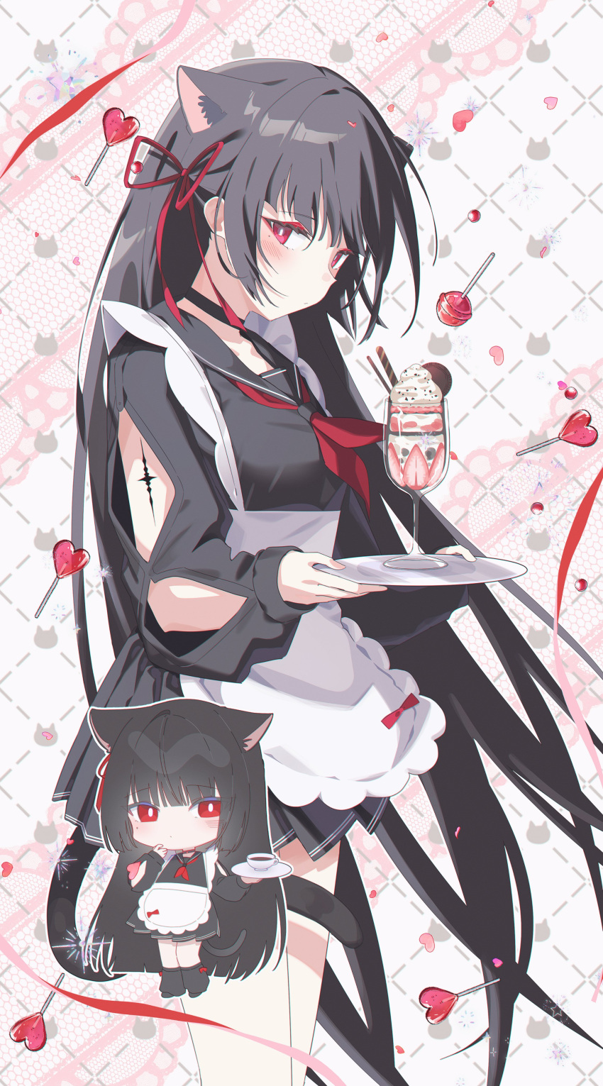 1girl, absurdres, animal_ears, apron, black_hair, black_shirt, black_skirt, cat