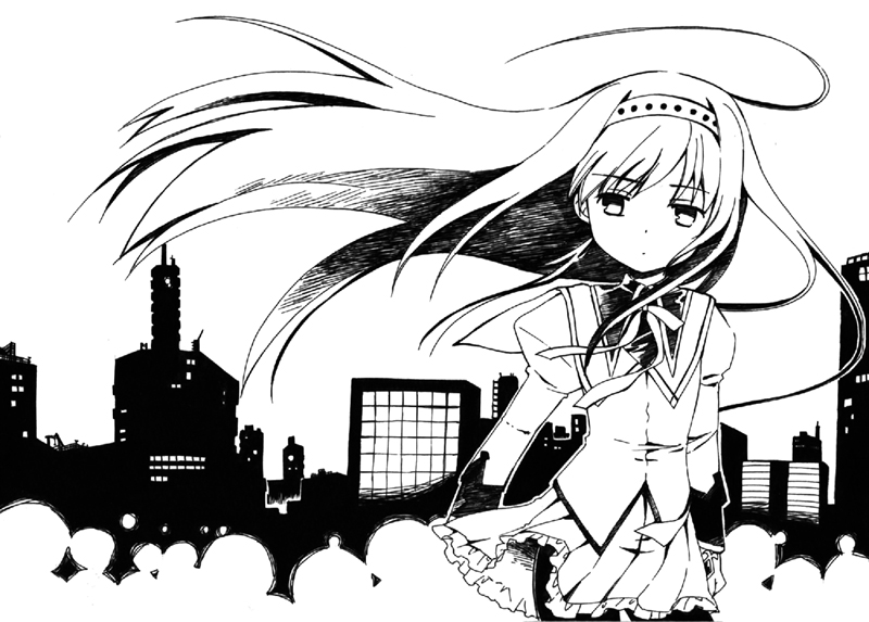 akemi_homura, hairband, long_hair, magical_girl, mahou_shoujo_madoka_magica, monochrome, pantyhose, solo, usami_wataru