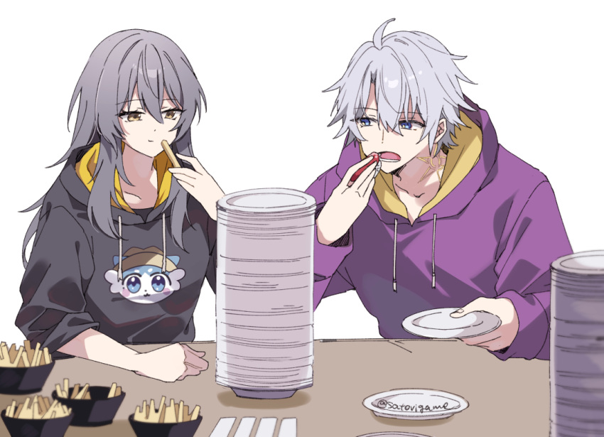 1boy, 1girl, ahoge, alternate_costume, black_hoodie, blue_eyes, bowl, bubbles_(honkai:_star_rail)