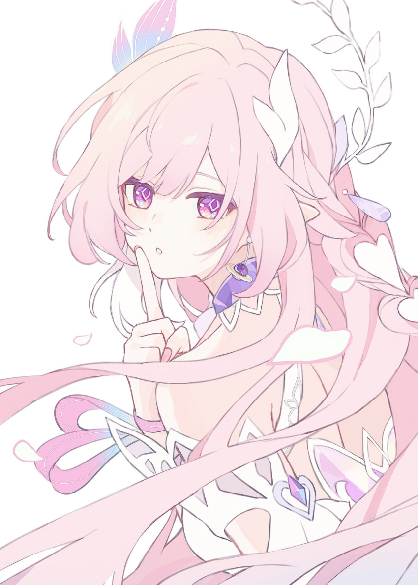 1girl, commentary, cyrene_(demiurge)_(honkai:_star_rail), cyrene_(honkai:_star_rail), dress, finger_to_mouth, from_side, highres