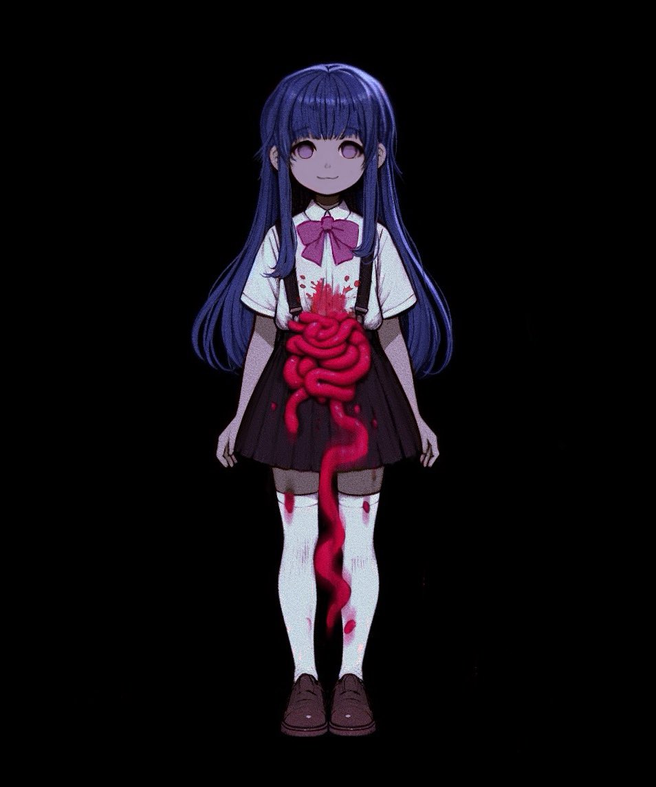 1girl, :3, arms_at_sides, black_background, black_skirt, blood, blood_on_clothes, blood_splatter