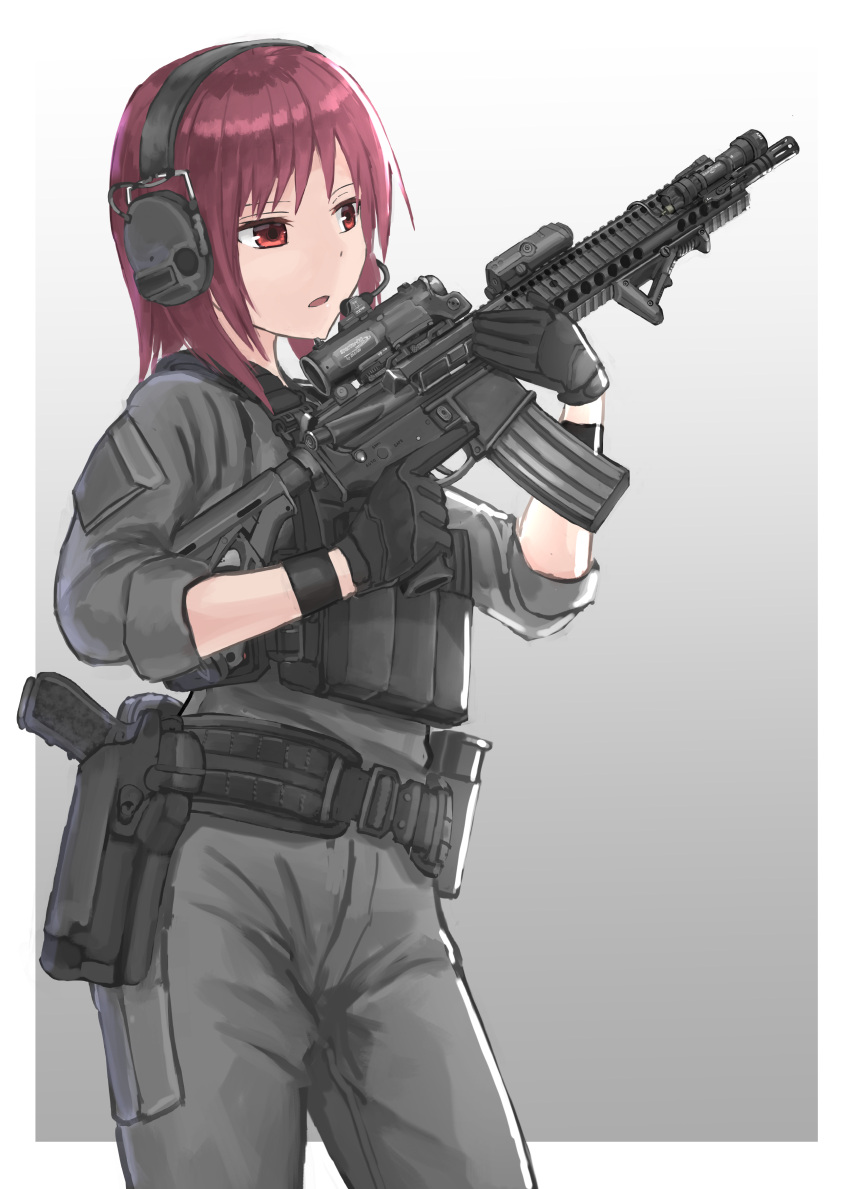1girl, absurdres, aiming, alternate_costume, angel_beats!, assault_rifle, belt, black_gloves