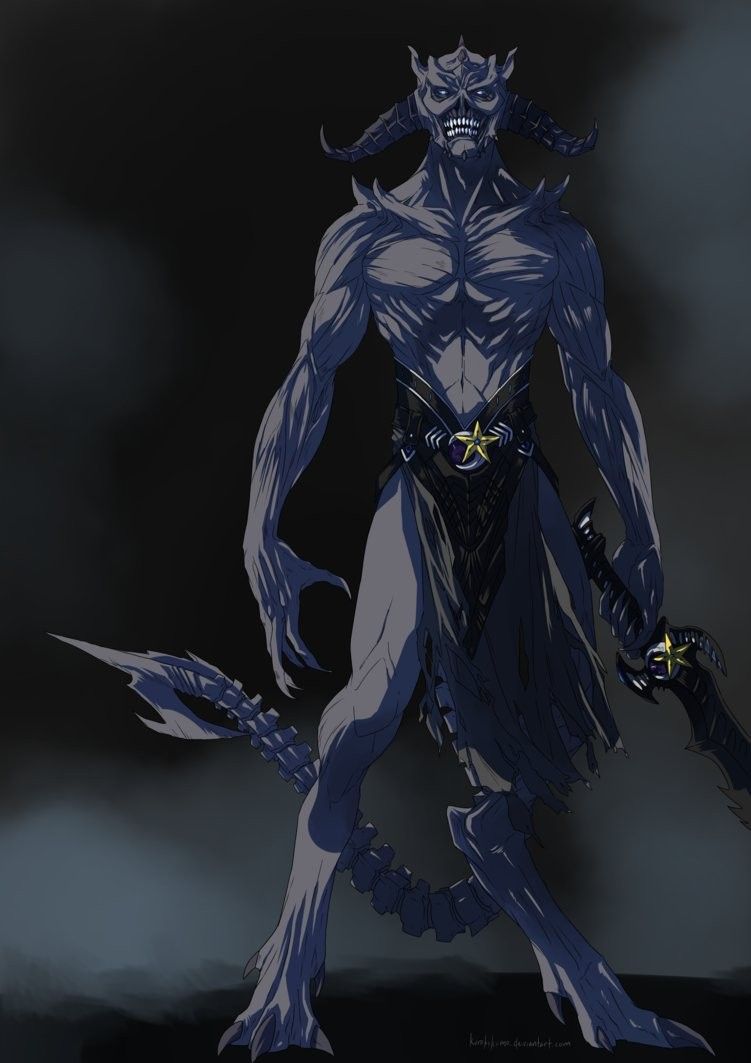 1boy, artist_request, black_background, black_loincloth, blue_eyes, claws, colored_skin, demon, demon_boy, demon_horns, facing_viewer, fangs, fog, full_body, grey_background, grey_skin, holding, holding_sword, holding_weapon, horns, loincloth, male_focus, molag_bal, no_pupils, reverse-jointed_legs, sharp_teeth, skeletal_tail, solo, standing, sword, tail, teeth, the_elder_scrolls, the_elder_scrolls_online, third-party_source, torn_clothes, torn_loincloth, weapon