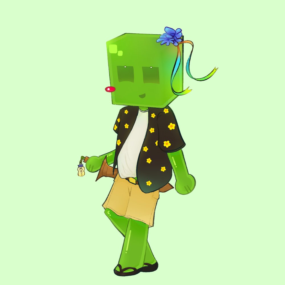 1boy, averythemayo, bald, block_head, cargo_pants, colored_skin, floral_print, flower, green_skin, hawaiian_shirt, holding, holding_behind_back, holding_sword, holding_weapon, jackifiezarts, male_focus, monster_boy, pants, sandals, searching_for_a_world_that_doesn't_exist, shirt, short_hair, slime_boy, solo, sword, undershirt, weapon, white_shirt