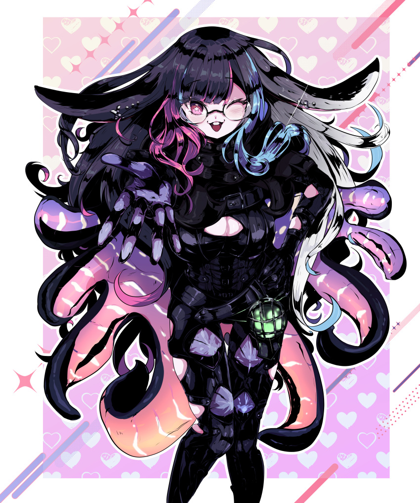 absurdres, animal_ear_piercing, animal_ears, armor, black_hair, blue_hair, breasts, cleavage