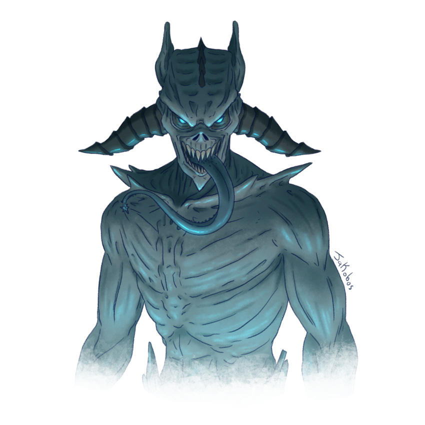 1boy, artist_name, blue_eyes, colored_skin, commentary, cowboy_shot, daedra, demon