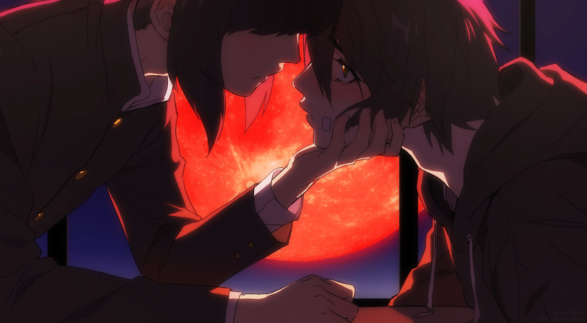 1boy, 1girl, backlighting, black_hair, black_hoodie, black_jacket, blush, closed_mouth