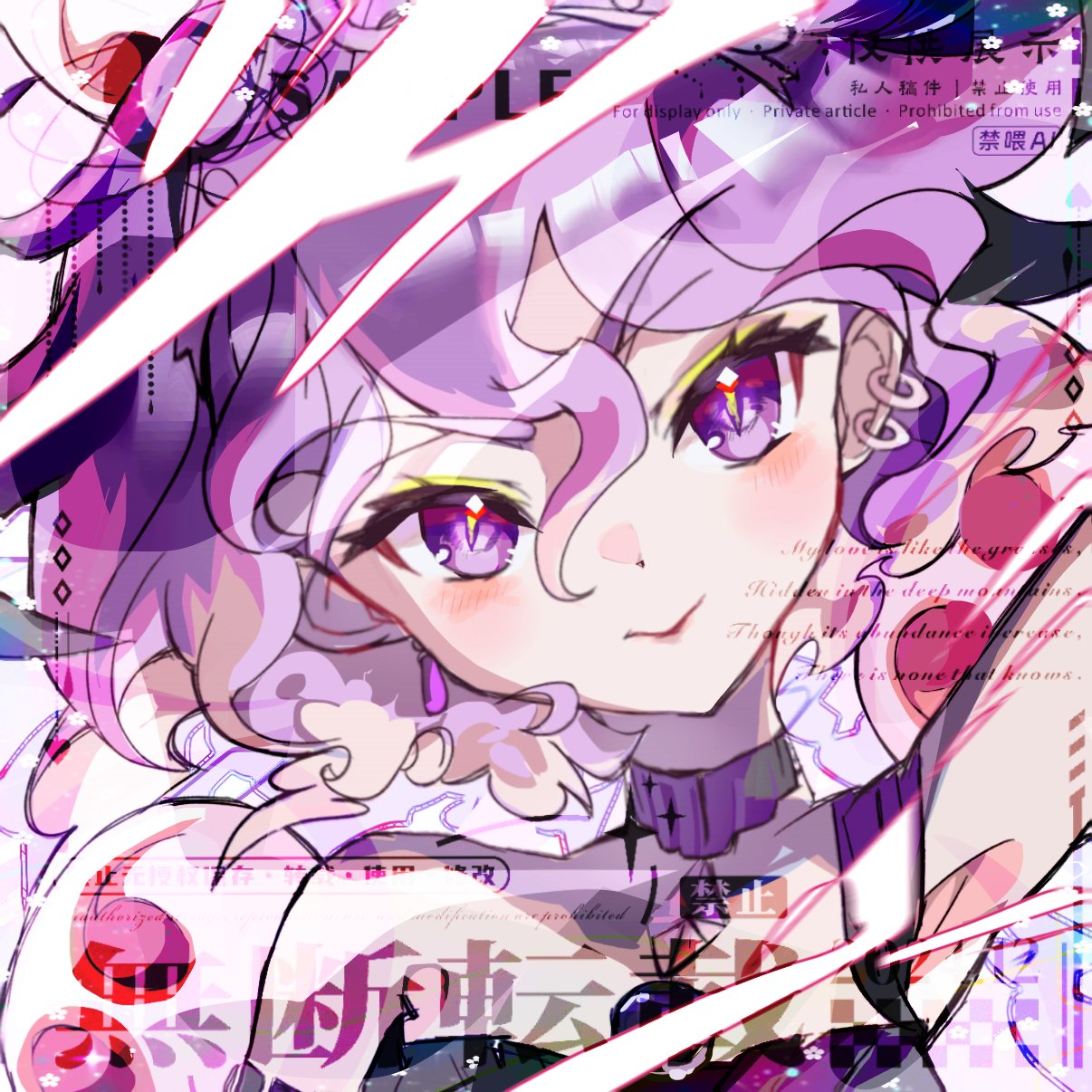 1girl, bare_shoulders, blush, breasts, close-up, collarbone, highres, lightning, limy11810782730, looking_at_viewer, magical_girl, mahou_shoujo_ikusei_keikaku, mahou_shoujo_ikusei_keikaku_black, portrait, princess_lightning, purple_hair, simple_background, smile, solo, upper_body, violet_eyes