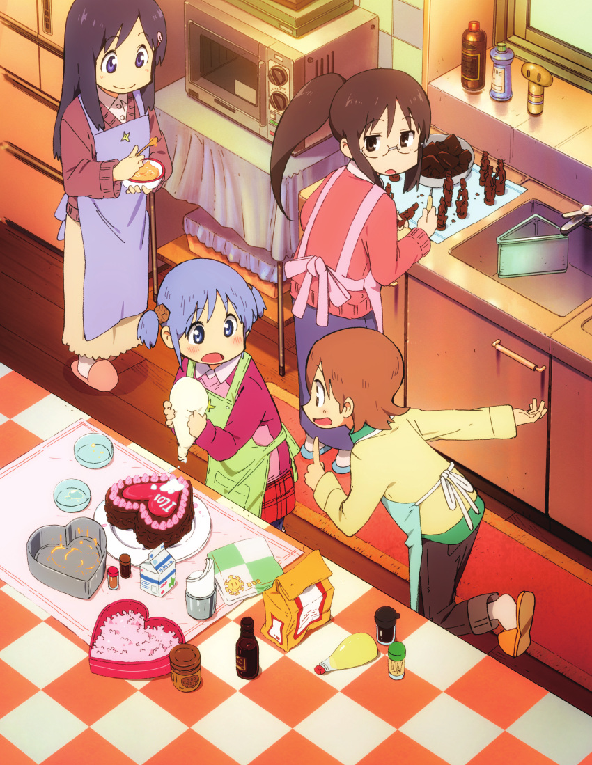 4girls, absurdres, aioi_yuuko, alternate_hairstyle, anime_coloring, apron, aqua_apron, artist_request