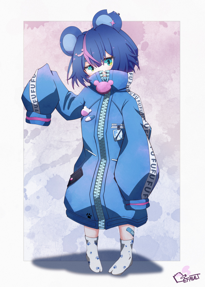 1girl, absurdres, animal_ears, artist_request, bandaid, bear_ears, blue_eyes, blue_hair, fujikura_uruka, highres, looking_at_viewer, multicolored_hair, oversized_jacket, phase_connect, pink_hair, pink_streaks, short_hair, shorter_than_canon, sleeves_past_fingers, sleeves_past_wrists, socks, streaked_hair, tagme, virtual_youtuber, zipper