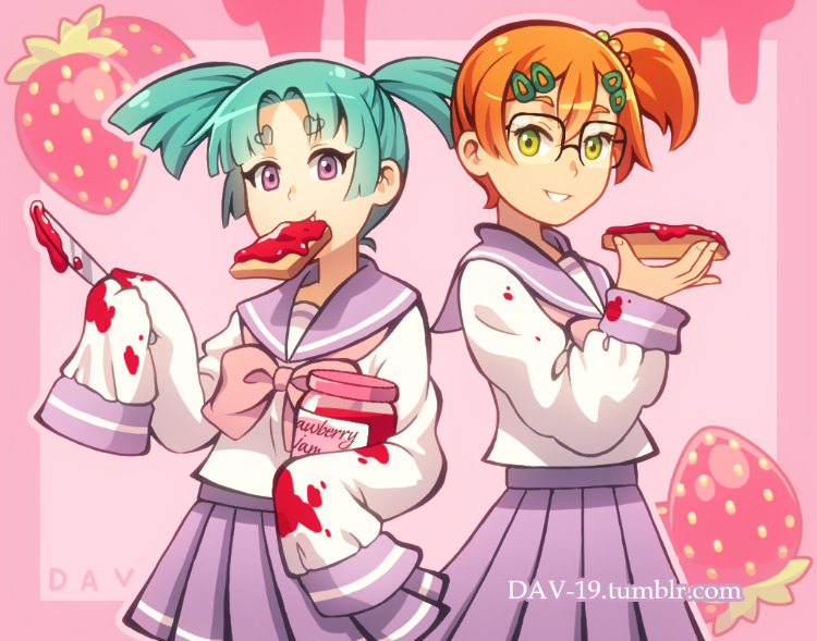 2girls, aqua_hair, bow, bowtie, bread, bread_slice, commentary, dav-19