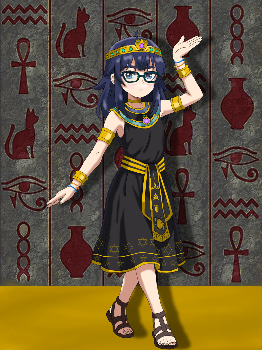 1girl, absurdres, ancient_egyptian, ancient_egyptian_clothes, ankh, armlet, black-framed_eyewear, black_dress
