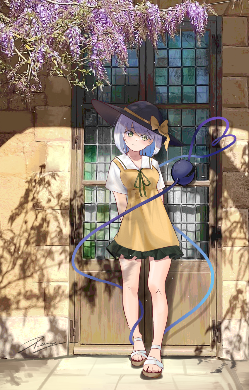 1girl, absurdres, adapted_costume, arms_behind_back, bilingual_commentary, black_hat, blush, bow